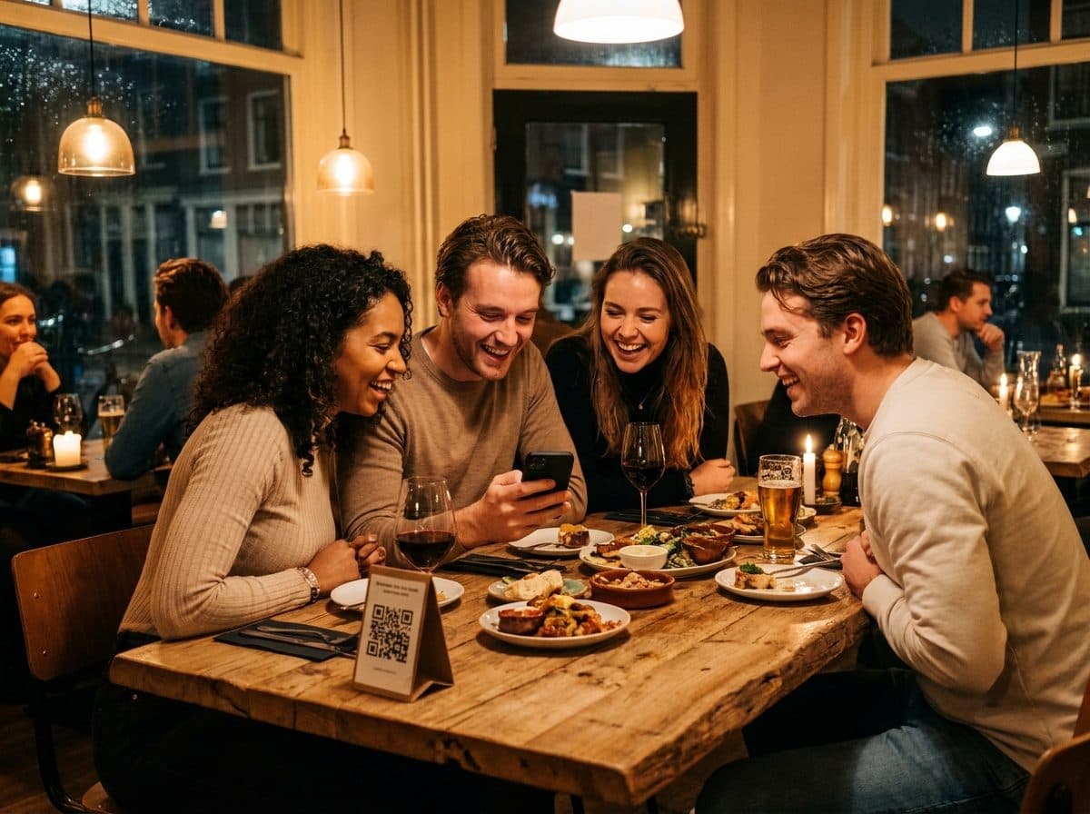Gasten spelen samen een quiz op hun telefoon aan een restauranttafel