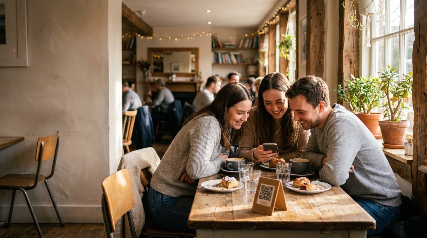 Klein gezelschap speelt samen een spel op de telefoon aan een restauranttafel