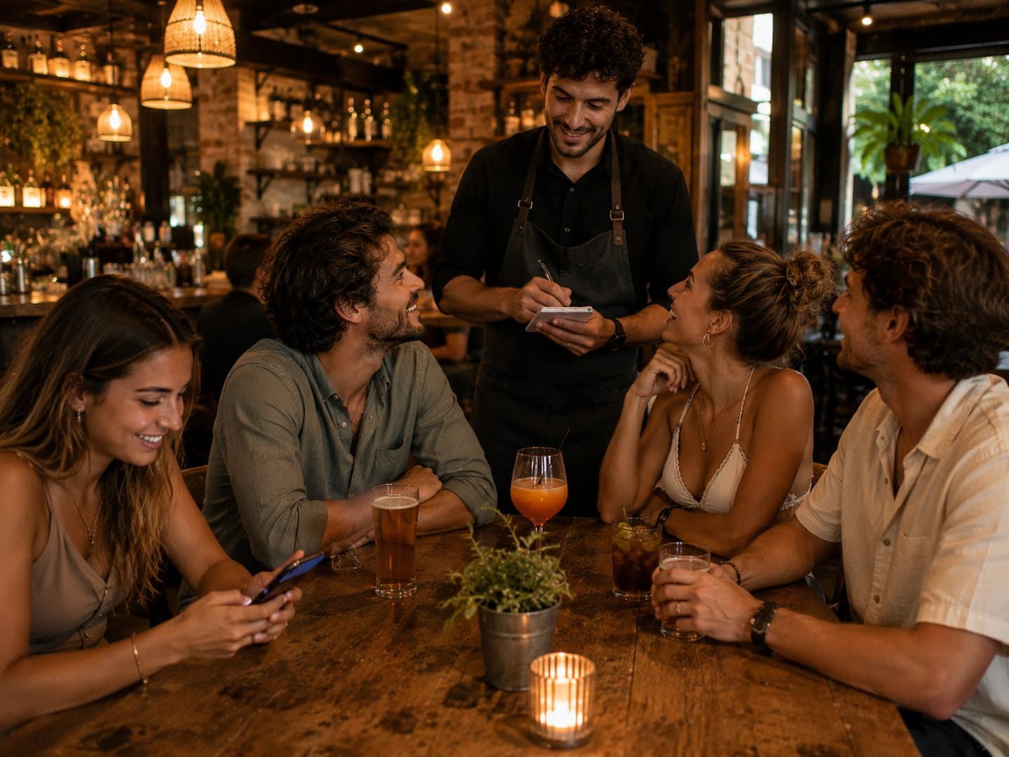 Mitarbeiter nimmt eine Bestellung an einem Tisch mit Freunden in einem Café auf