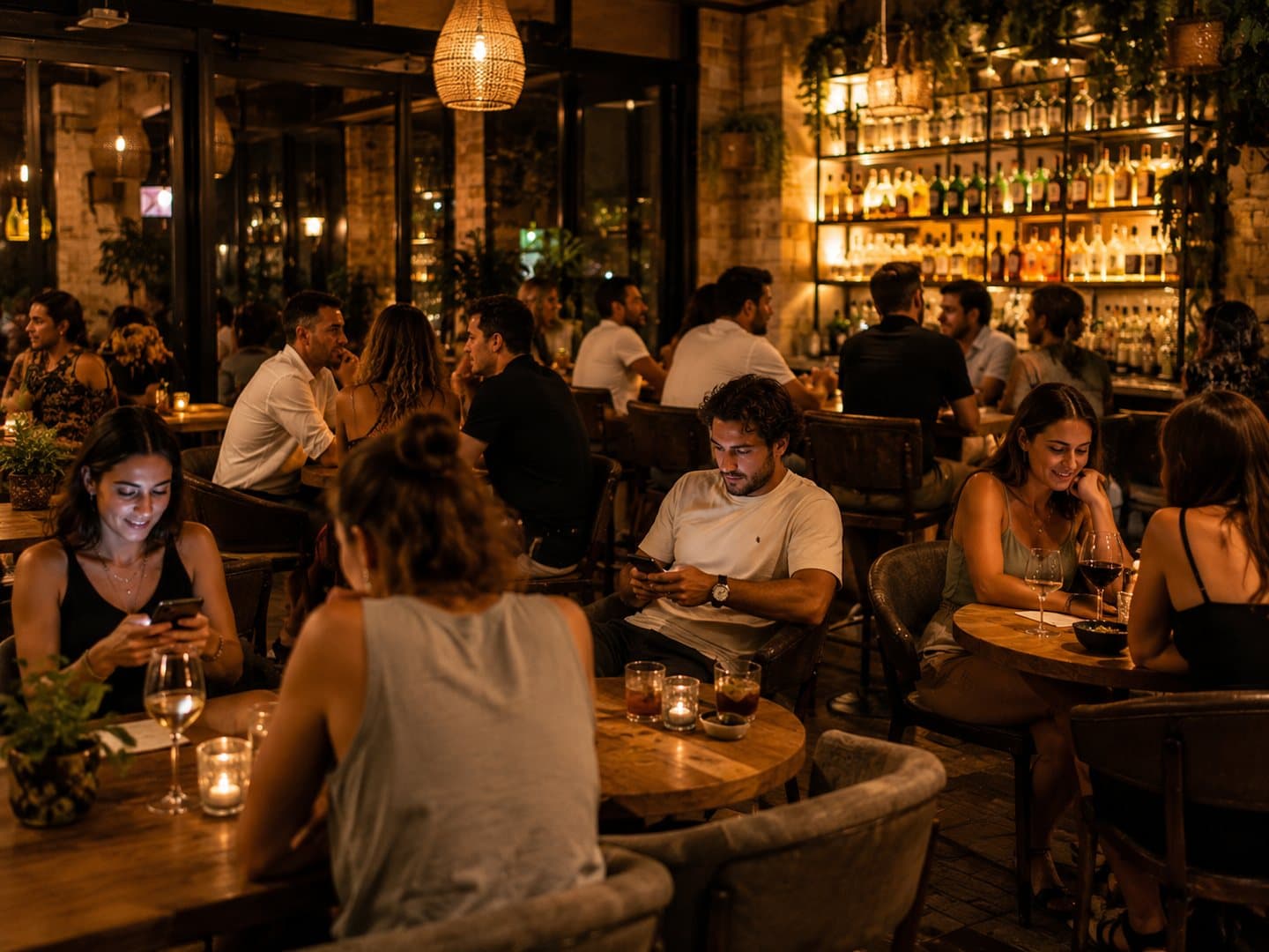Gemütliches, belebtes Café-Interieur am Abend mit Gästen am Tisch
