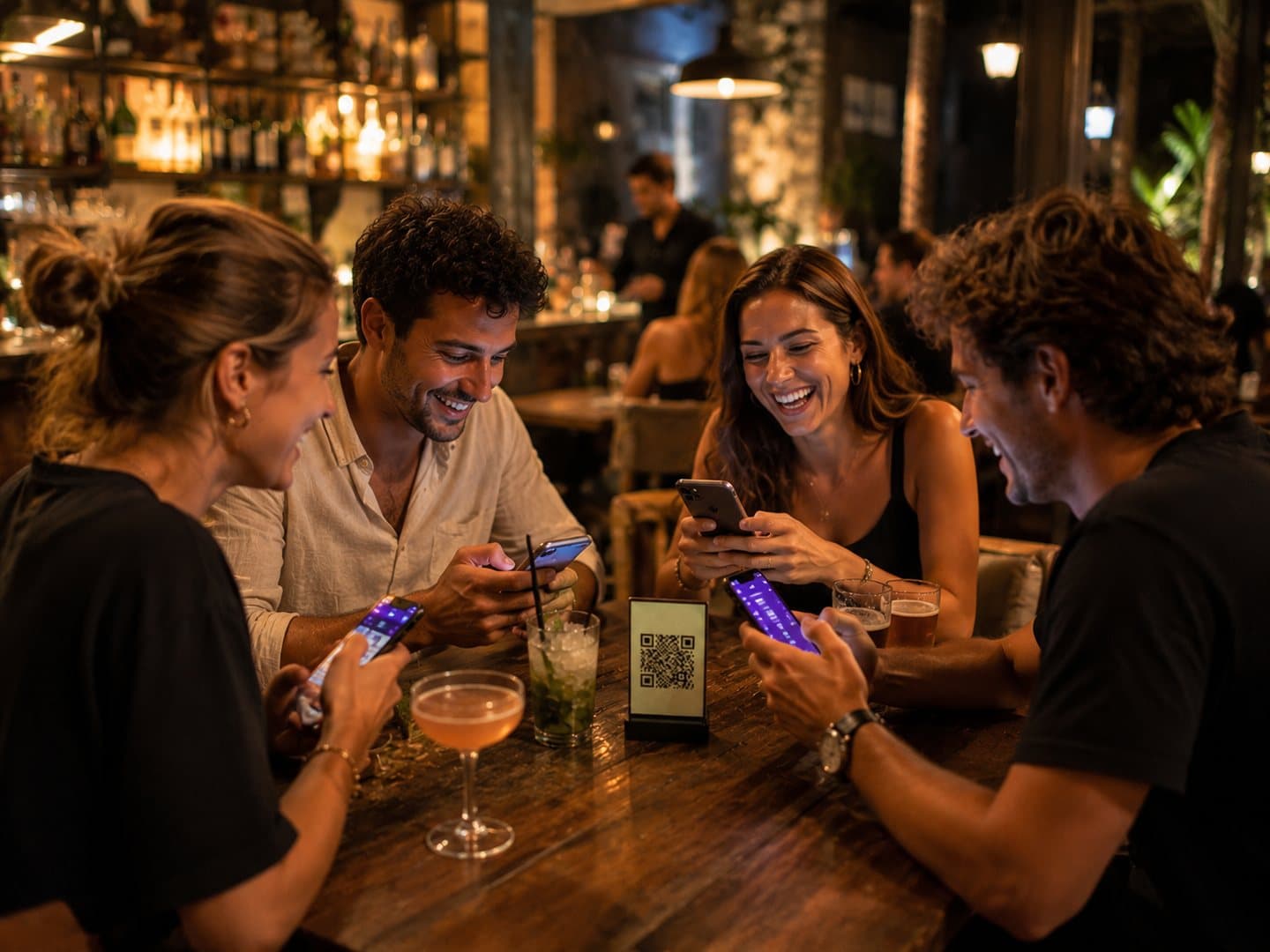 Freunde spielen gemeinsam ein Spiel auf ihrem Handy an einem Cafétisch