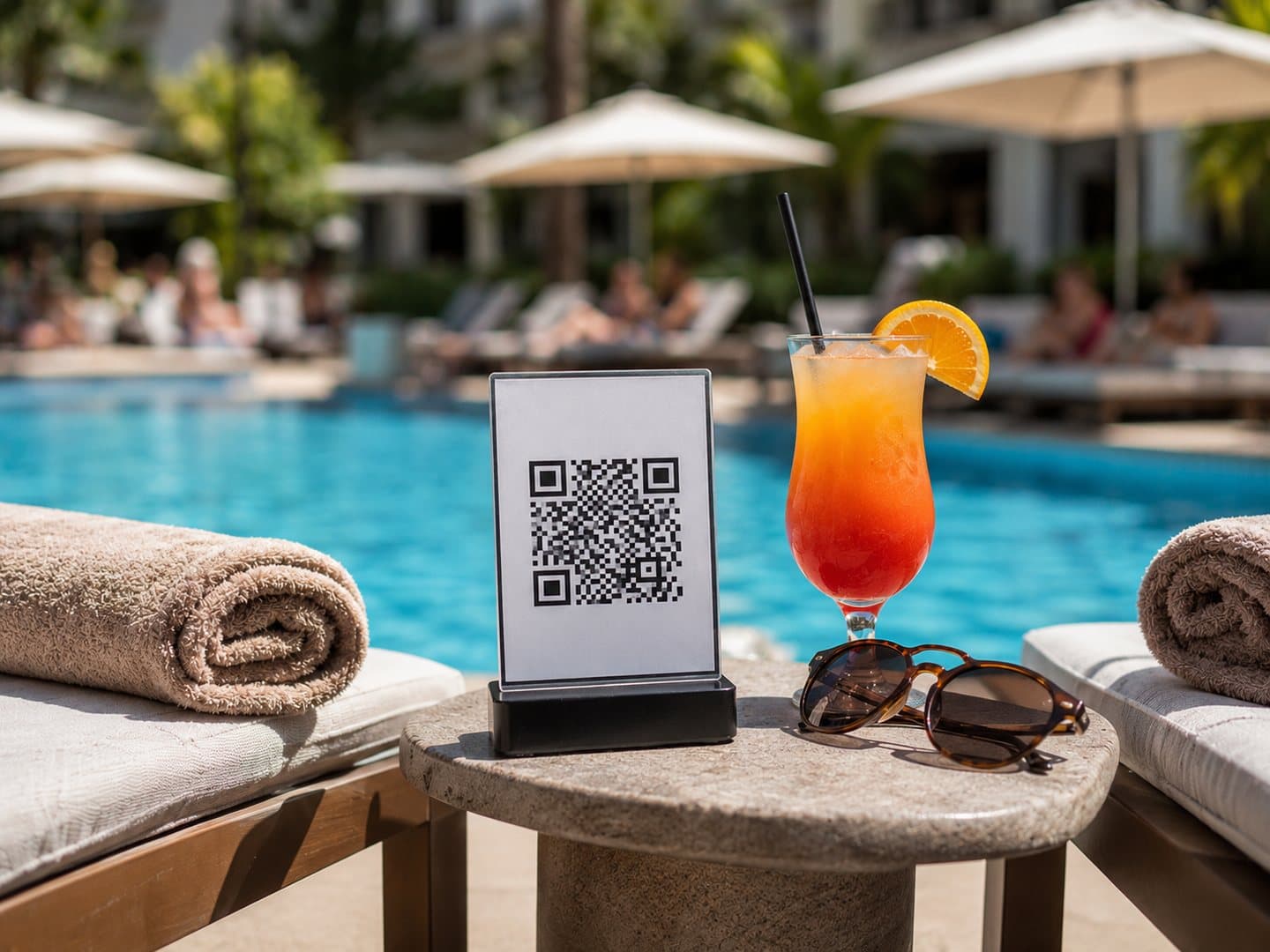 رمز QR على طاولة صغيرة بجانب مسبح الفندق مع كوكتيل