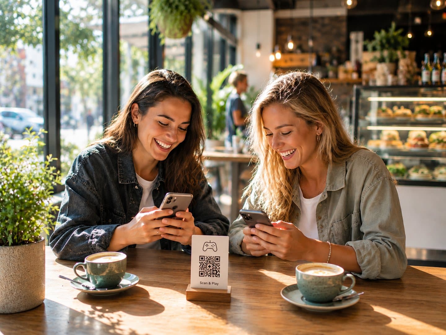 Zwei Freundinnen spielen auf ihrem Handy bei einem Cappuccino in einem Lunchroom, mit einem QR-Code auf dem Tisch