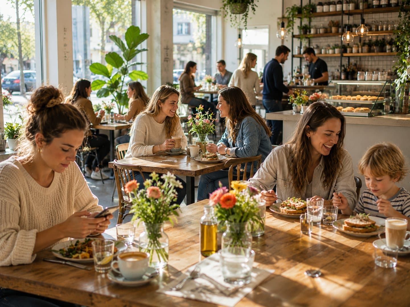 Gemütlicher, belebter Lunchroom tagsüber mit Gästen am Tisch