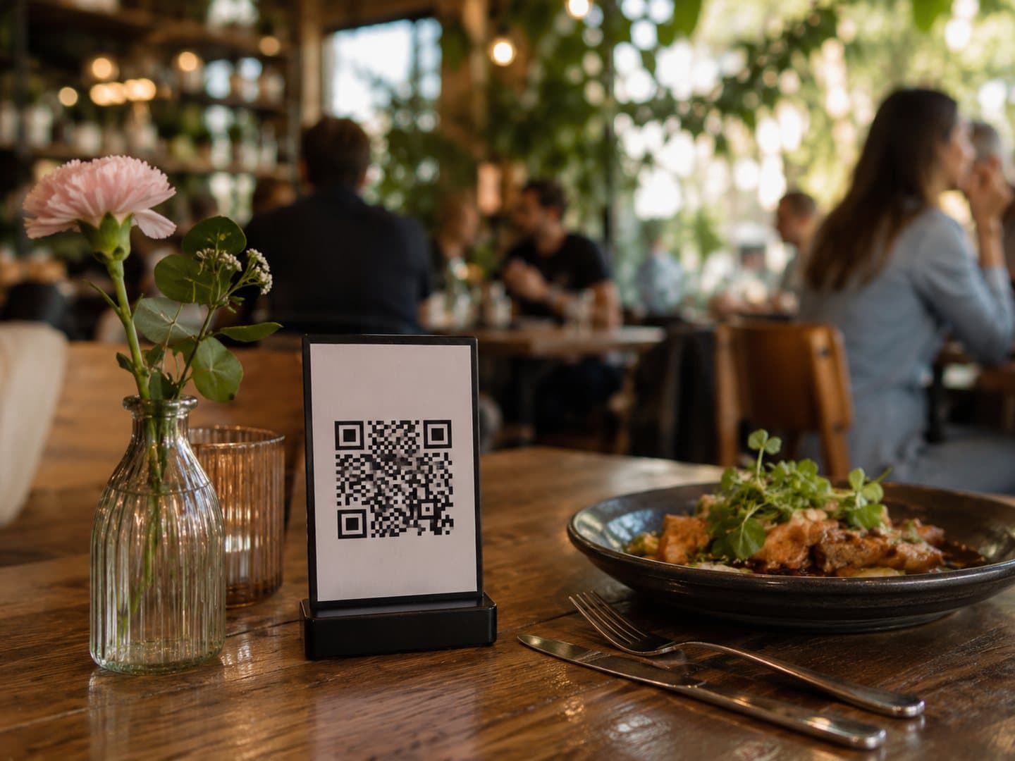 QR-Code auf einem Restauranttisch neben einer kleinen Blume und einem Teller Essen