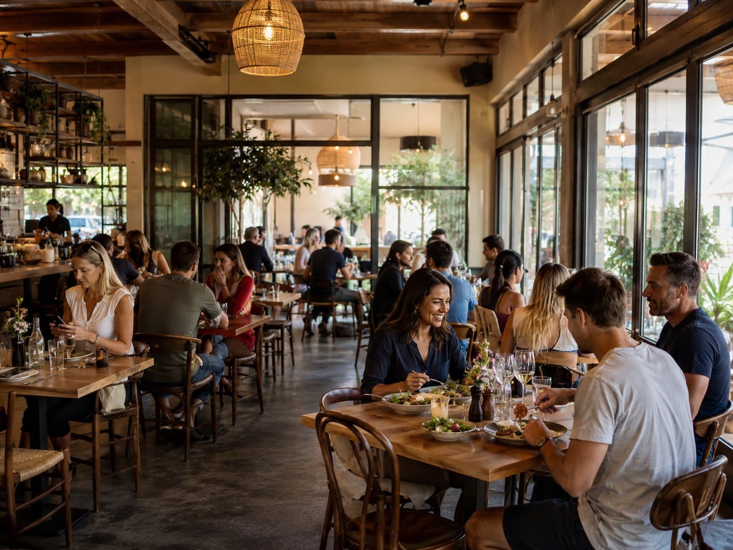 Gemütliches Restaurant mit Gästen am Tisch, einige spielen auf ihrem Handy