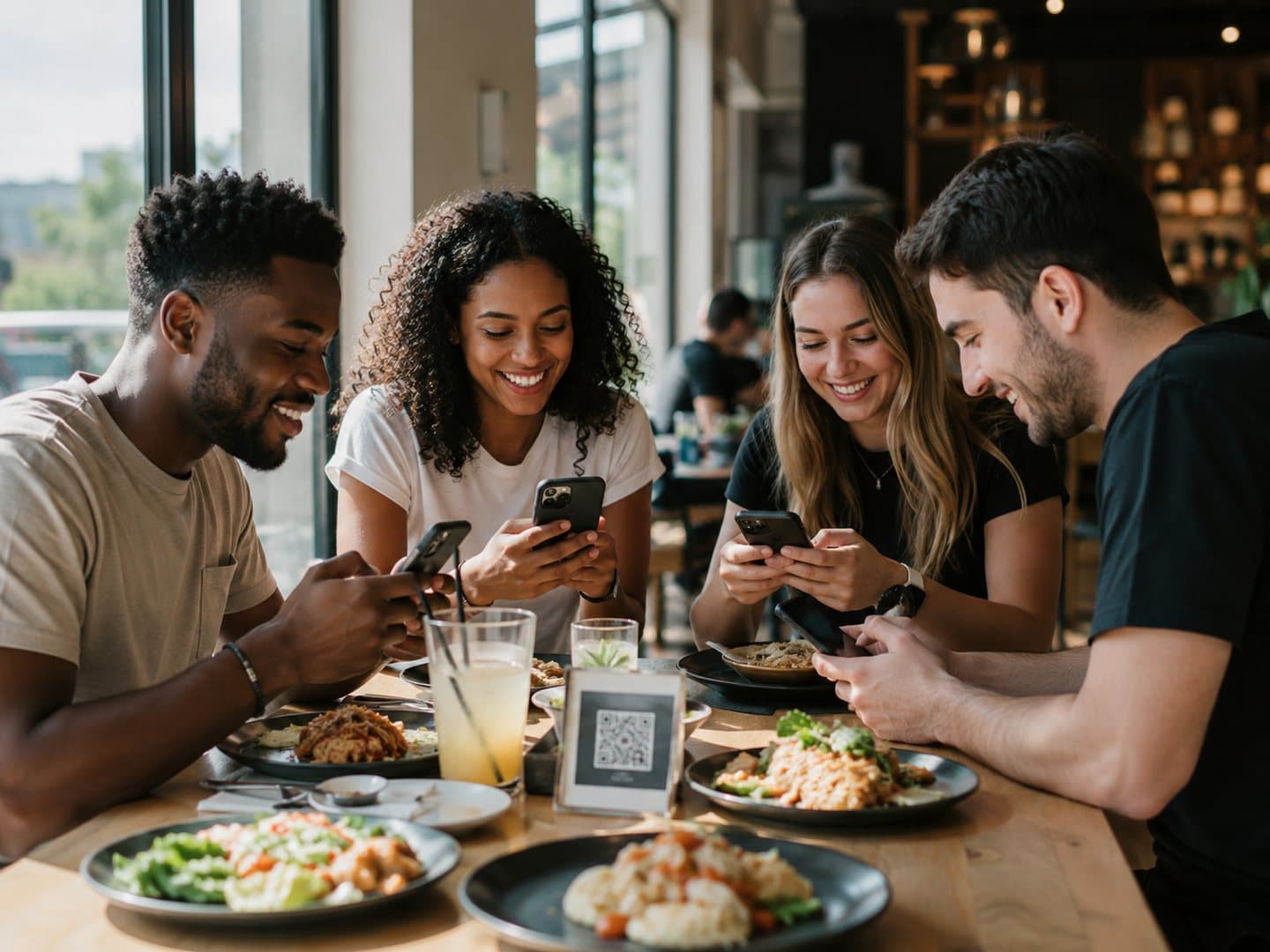 Freunde spielen gemeinsam ein Spiel auf ihrem Handy an einem Restauranttisch