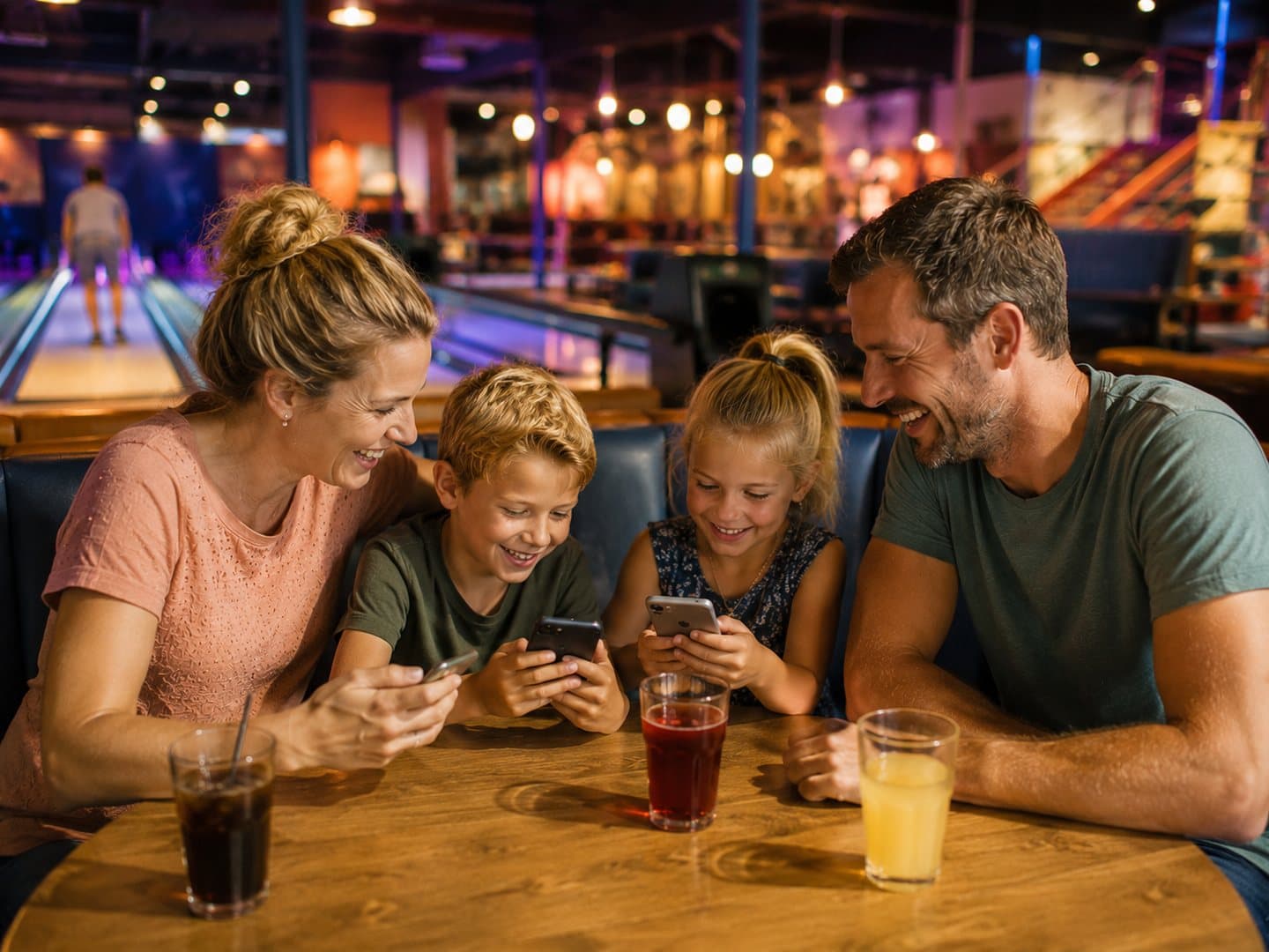 Familie spielt gemeinsam auf ihrem Handy in der Indoor-Spielhalle eines Ferienparks