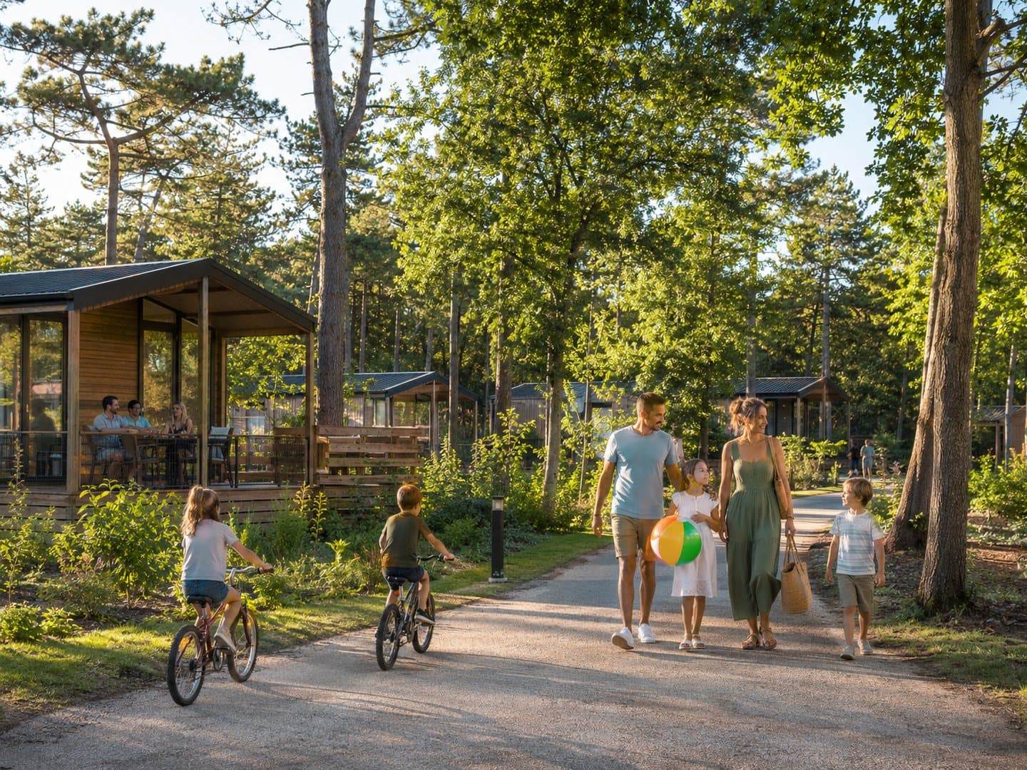 Ferienpark mit Holzferienhäusern zwischen den Bäumen und Familien, die draußen spielen