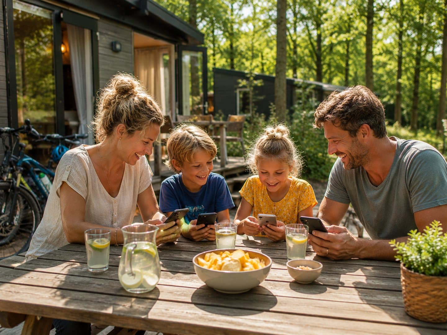 Familie spielt gemeinsam auf ihrem Handy auf der Terrasse eines Ferienhauses