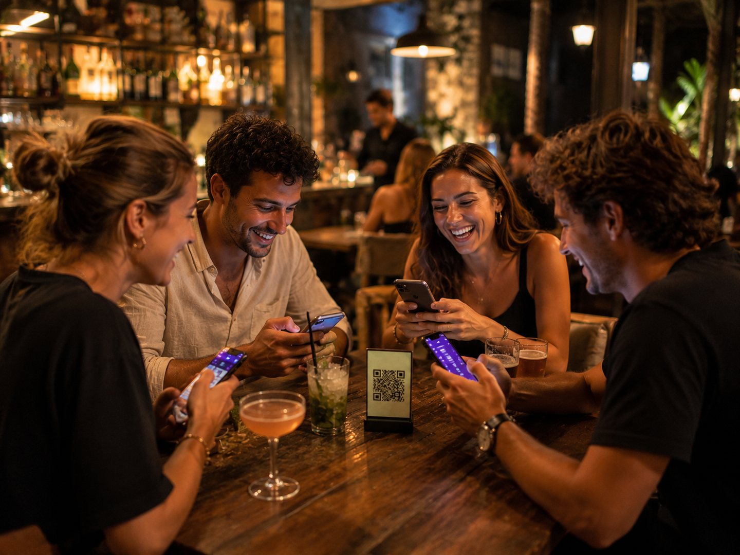 Freunde spielen gemeinsam ein Spiel am Smartphone an einem Café-Bar-Tisch