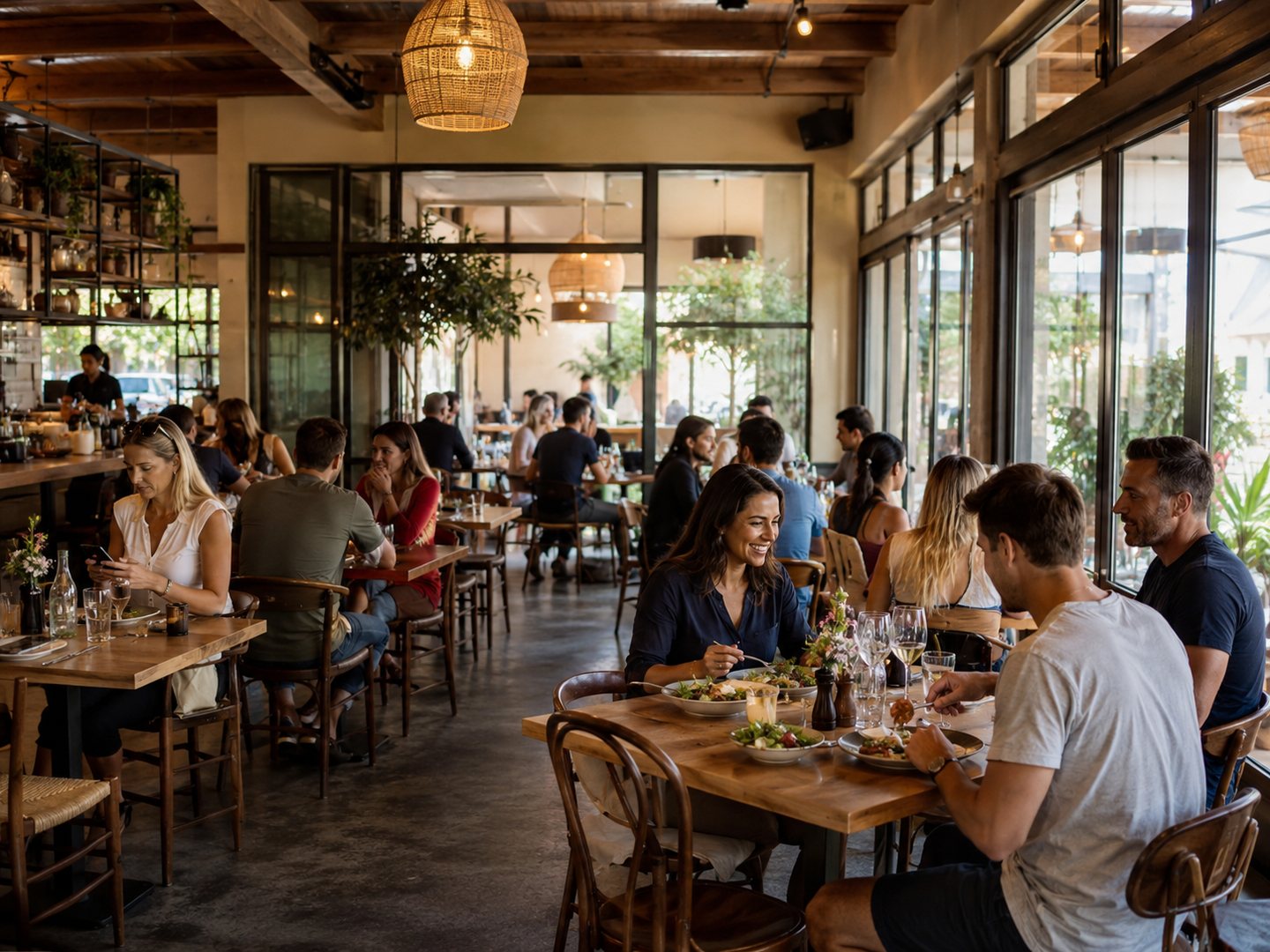 Gemütliches Restaurant mit Gästen am Tisch, einige spielen am Smartphone