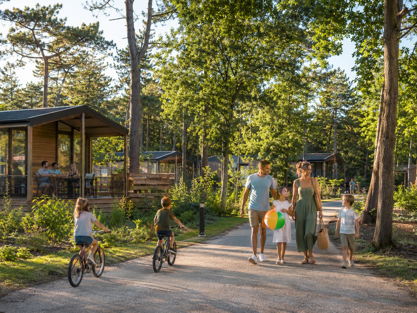 Holiday park with wooden lodges among the trees and families enjoying the outdoors